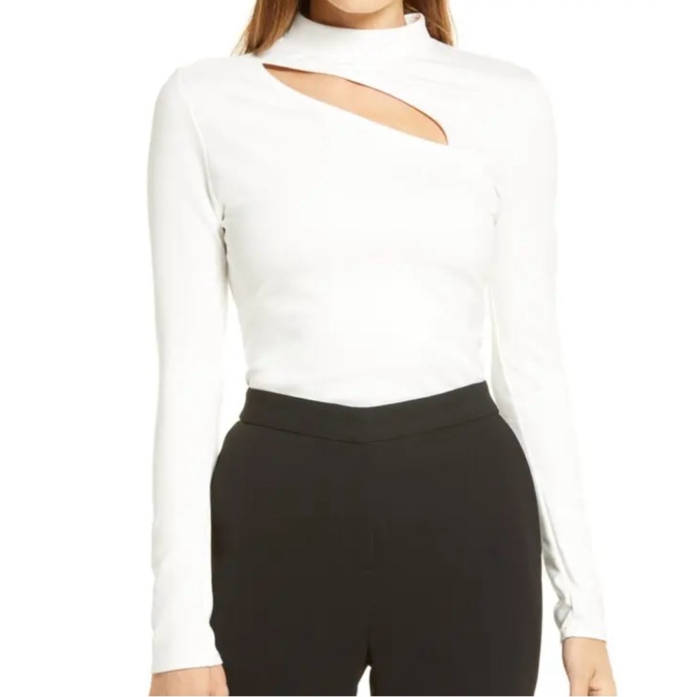 Ivory Cream Cut Out Mock Neck Long Sleeve Shirt